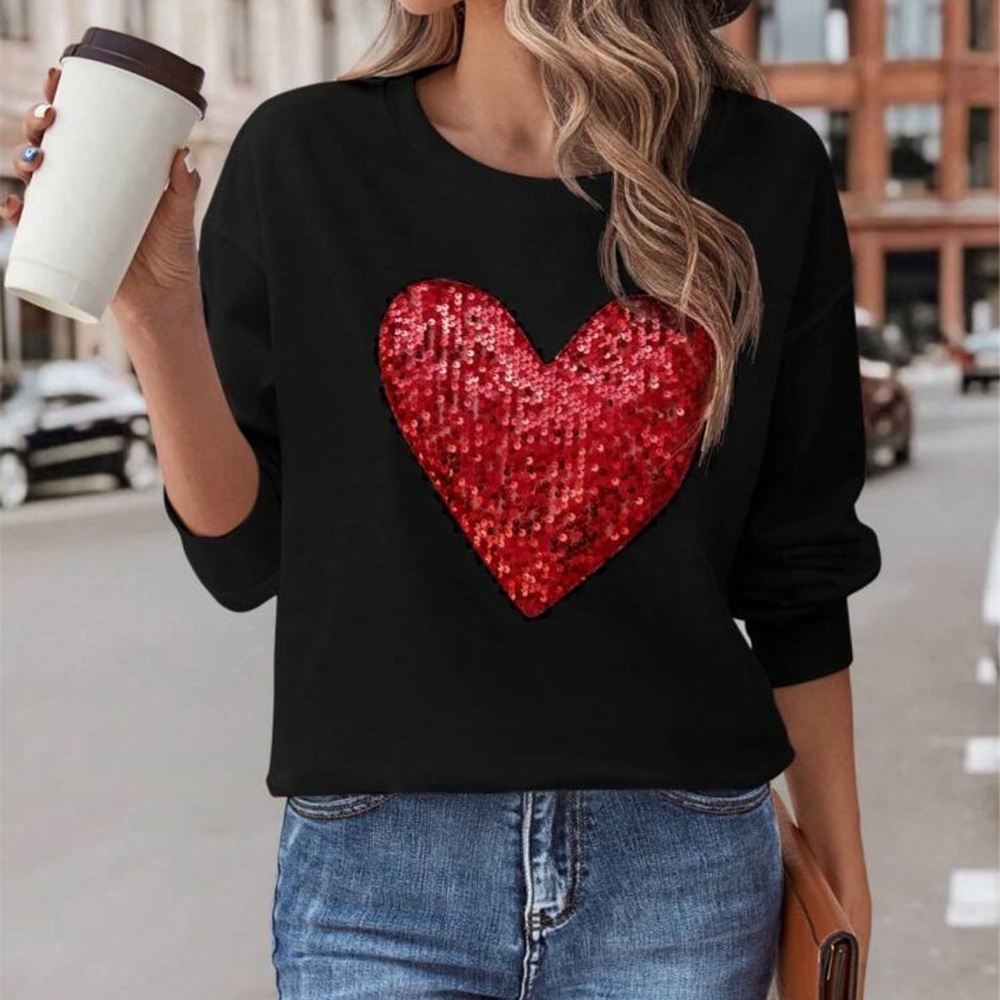 Clasi Sequin Heart Pattern Drop Shoulder Sweatshirt Black Top
